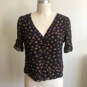 Madewell Floral Black Summer top, cute sleeves, keyhole detail, size S / 6